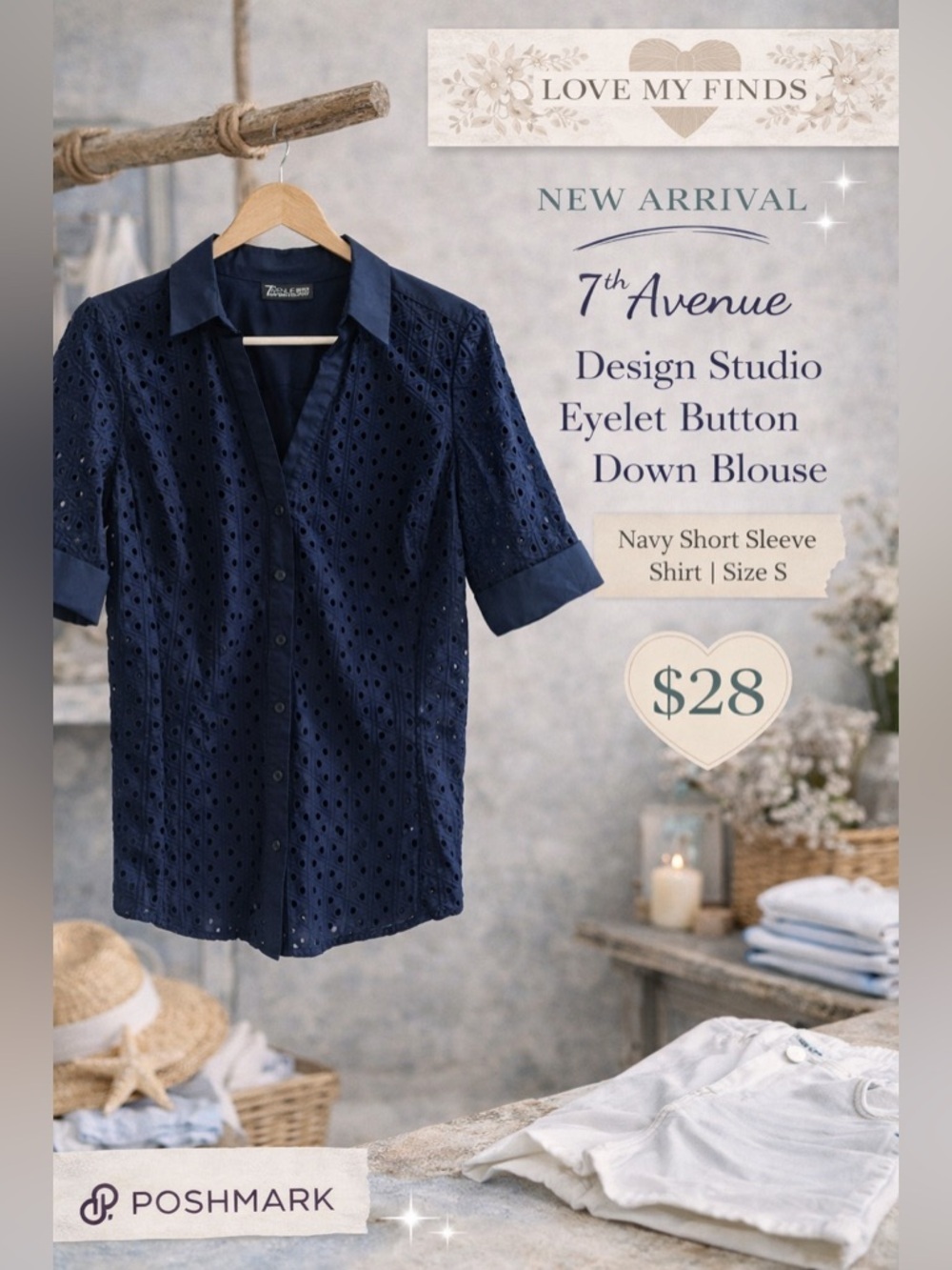 7th Avenue Design Studio Eyelet Button Down Blouse Navy Short Sleeve Top Size S